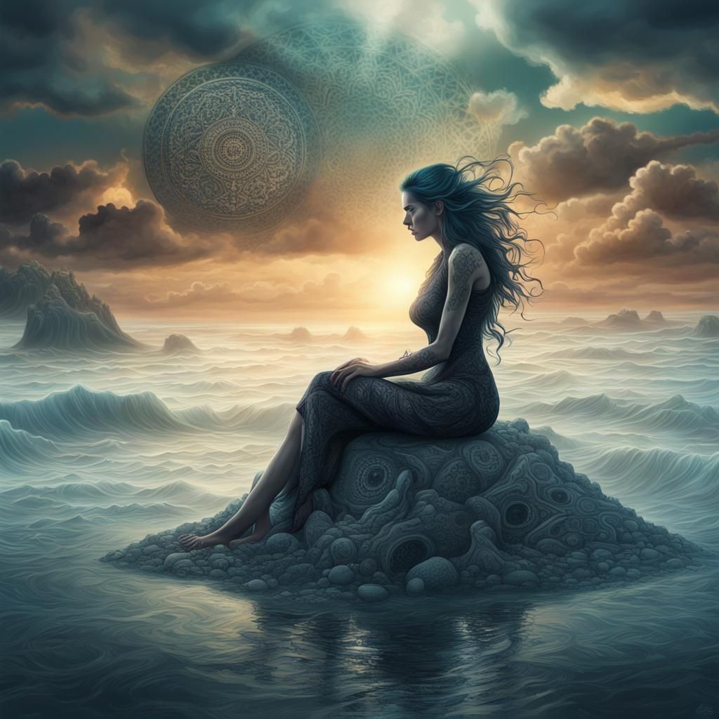 a woman sitting on a rune stone in the sea thinks about death - Epic ...