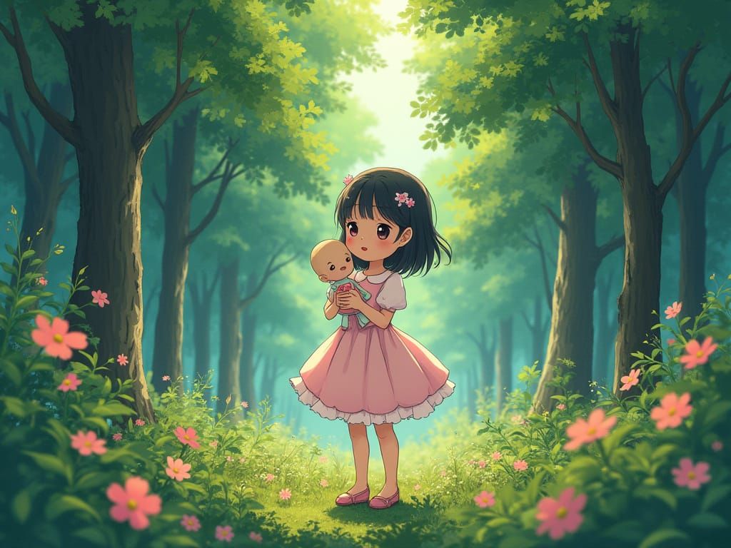 Little Girl with Doll in Lush Anime Forest