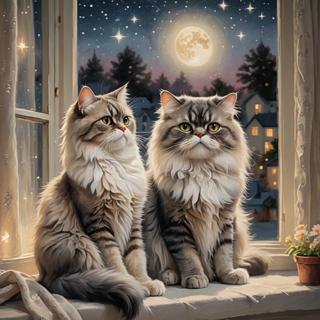 Persian Cats in a Moonlit Window