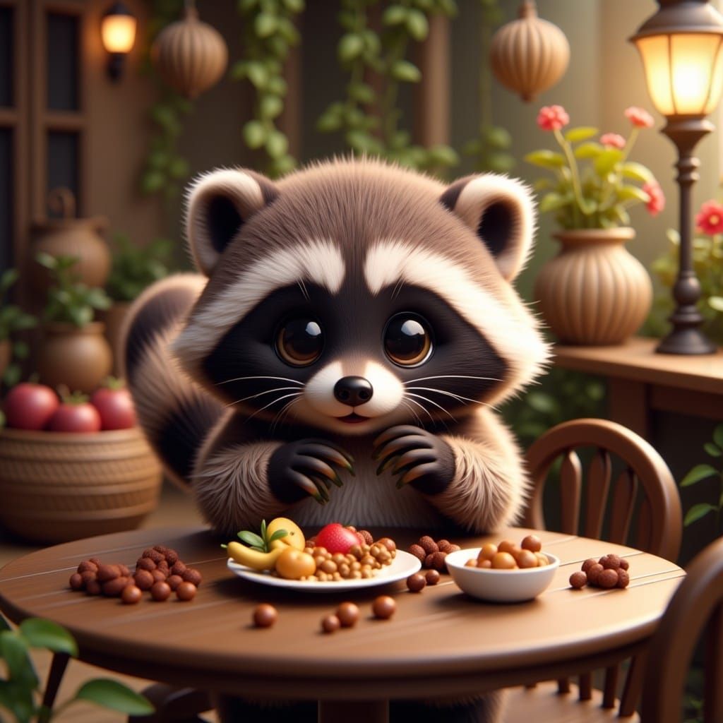 <lora:Flux Chibi:1.0> adorable cute chibi raccoon stealing food from a table in a cosy yard. The fur is dense and textured, with each hair f...