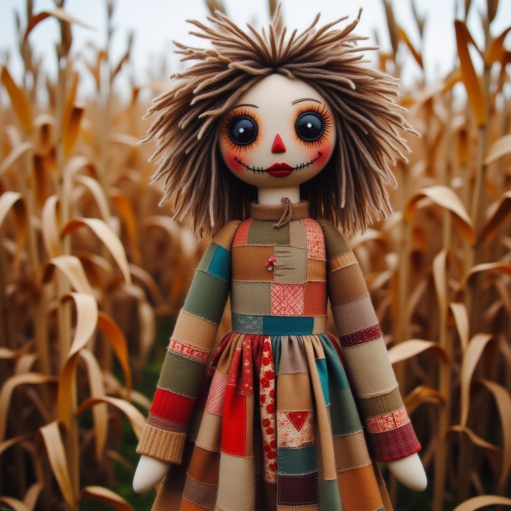 <lora:Ragdoll:1.0>a horror style ragdoll made out of burlap, quilt pieces, patchwork and yarn. Sewn Folk art style. A Gothic horror theme c...