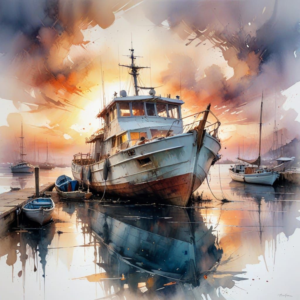 Old boat at dock at sunset
  by @Yiu