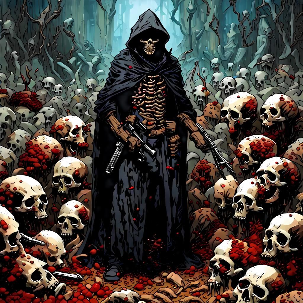 A single individual with a bizzarre black hood and armed with many