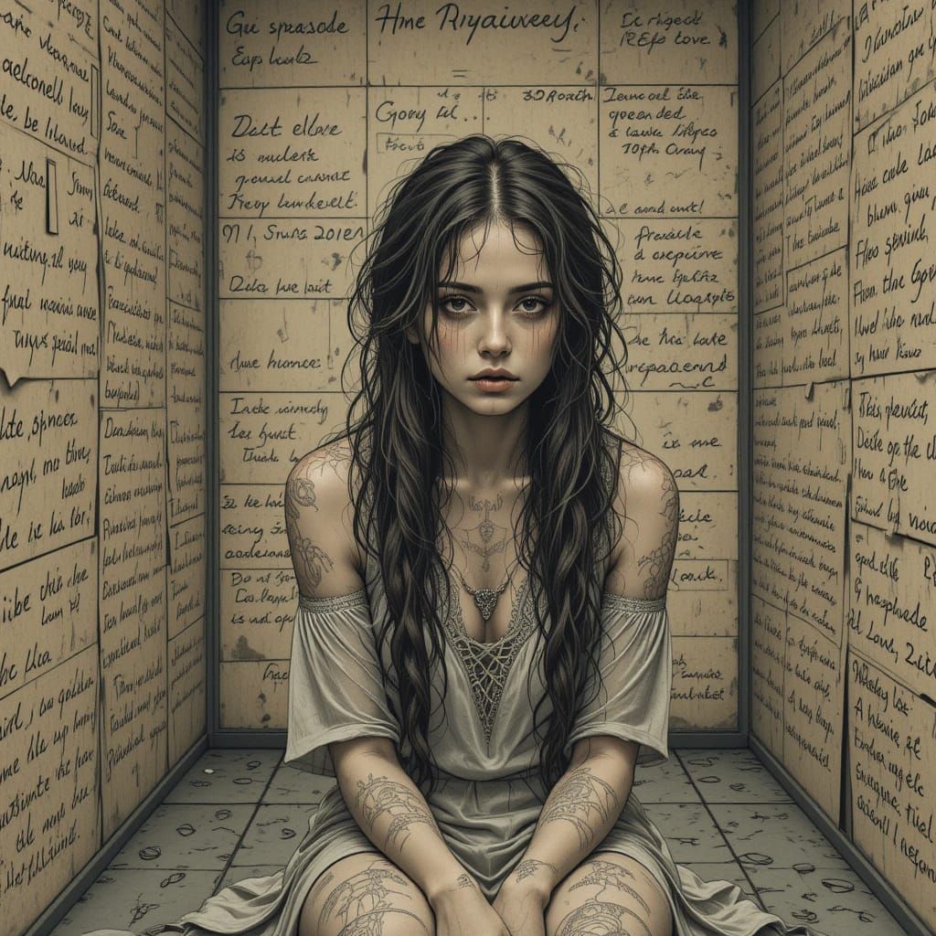Female Sitting alone in a desolate cell, parchment walls wit...