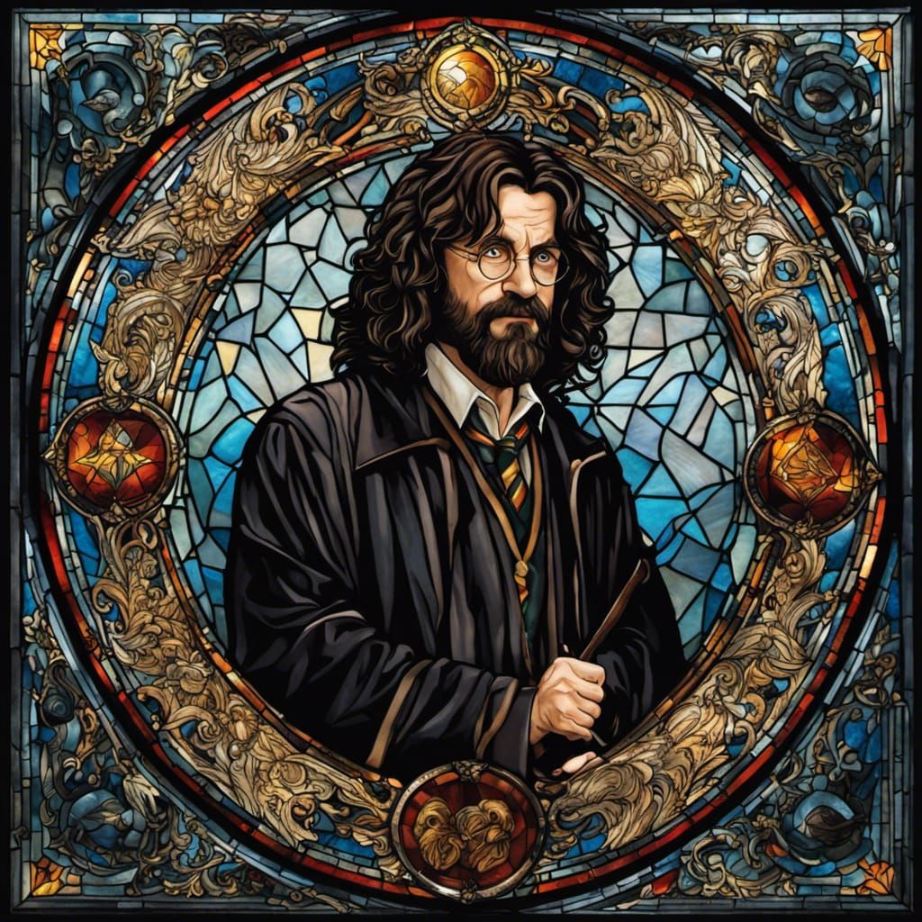 stained glass window depiction of bearded harry potter
