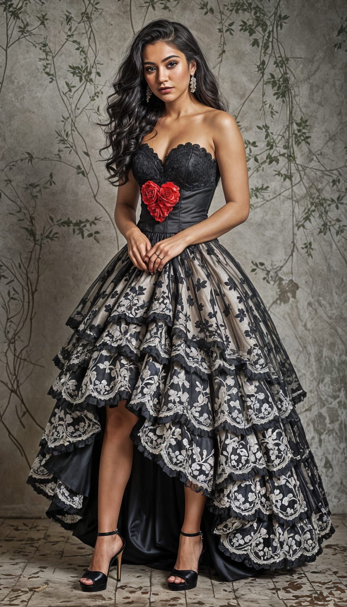 A mexican young woman wearing a long dress with a hearthshap...