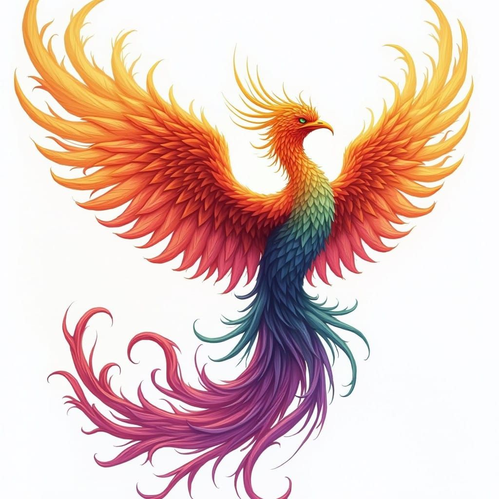 A stunning, hyper-realistic Phoenix tattoo features bold, fiery plumage, and other vibrant hues of Amethyst purples and blues and bright pin...