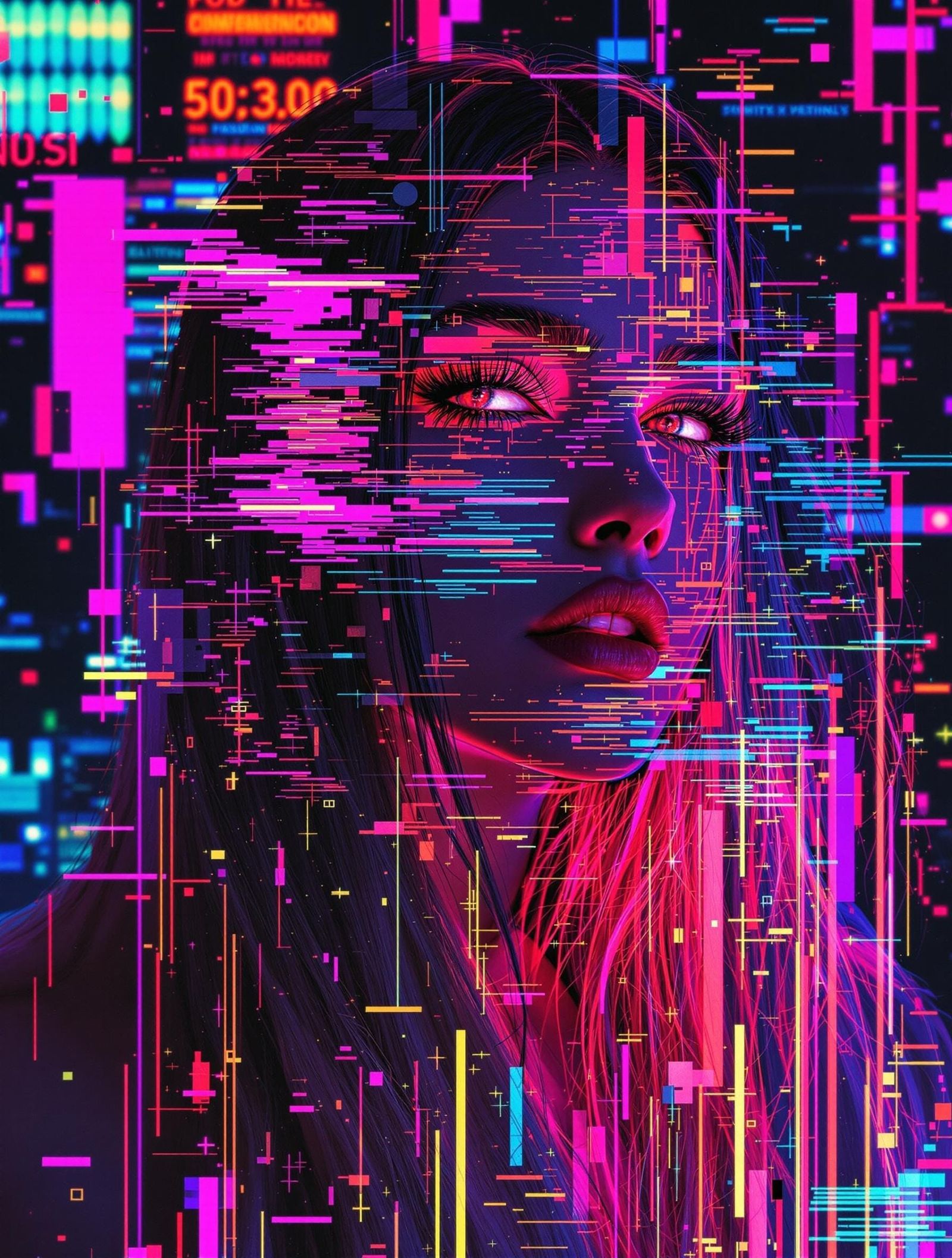 a portrait of a neon goddess, her face fragmented into pixelated shards, with glitches of neon colors ...  by @Eliora 