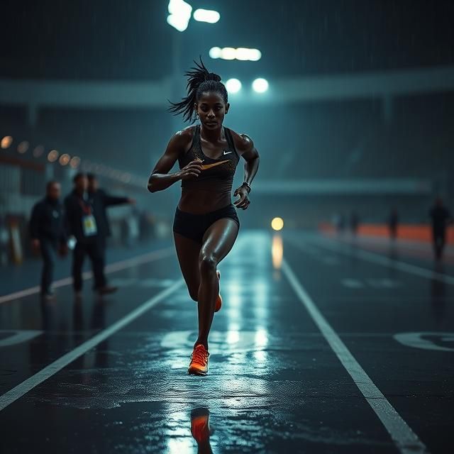 BLACK FEMALE ATHLETE RUNNING THE 100 METRES RACE IN BLACK AN...
