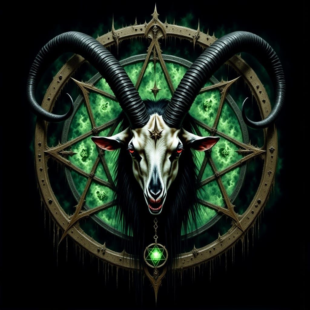 <lora:Dark Intensity:1.0> goat, watercolor, mandala with pentacle, luminescent, horror despair, dark black brown green, glowing luminescent...