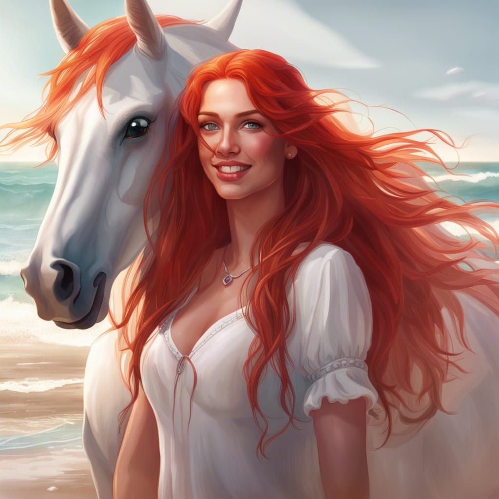 Dreamy Redhead and White Horse: Hyperdetailed Beach Portrait