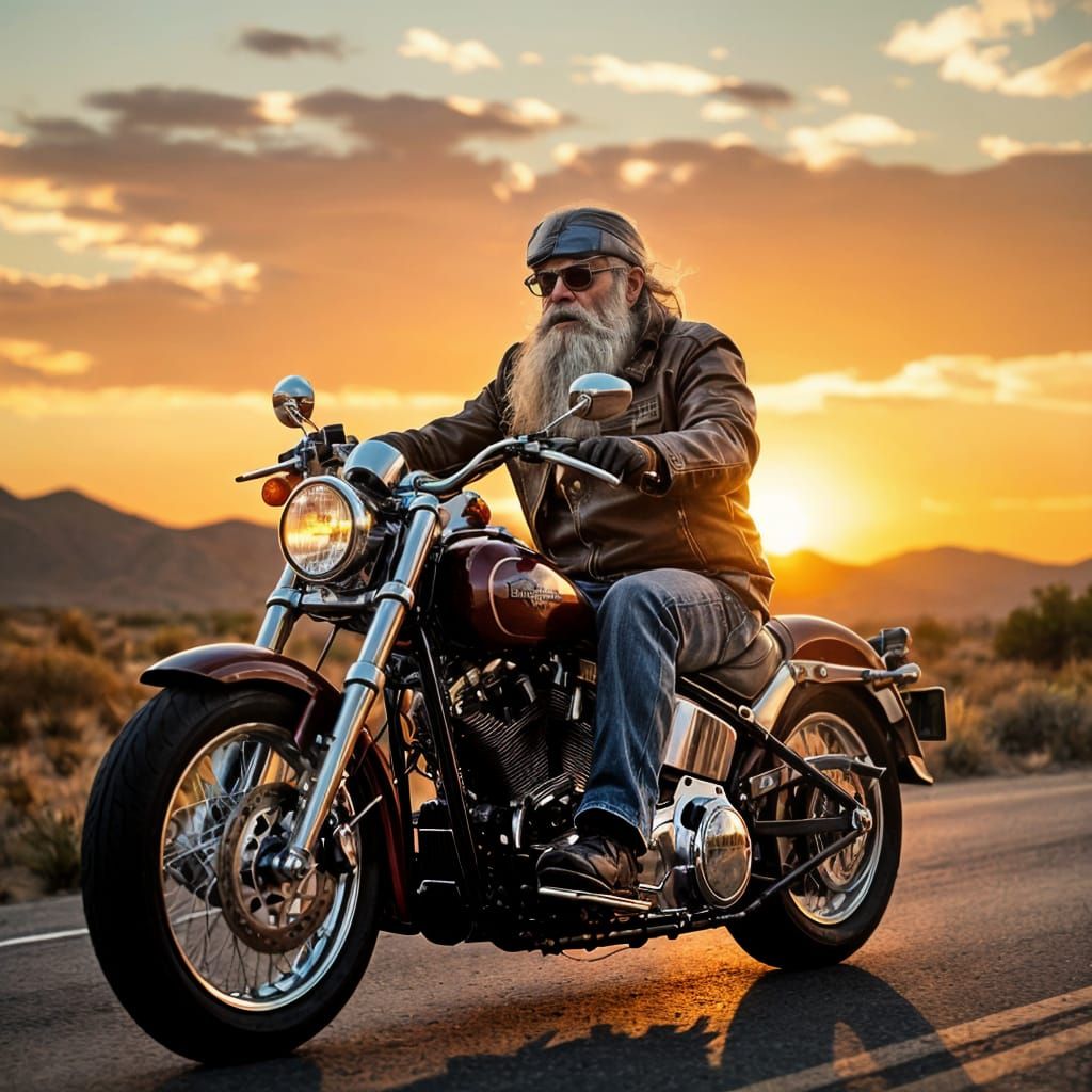 Old man with long grey beard riding his classic harley davidson along the route 66. Cinematic film still, ...  by @MiTh93