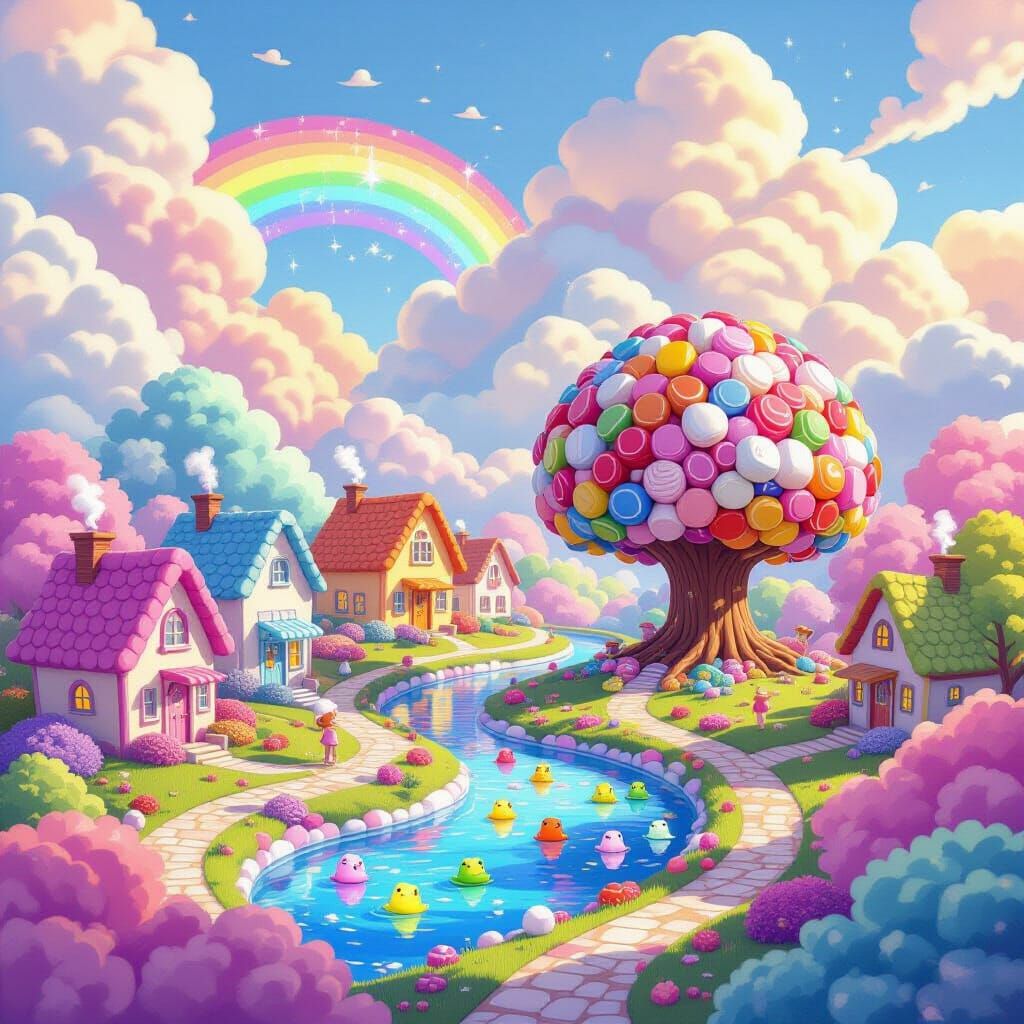Whimsical Candy Village on Rainbow Clouds