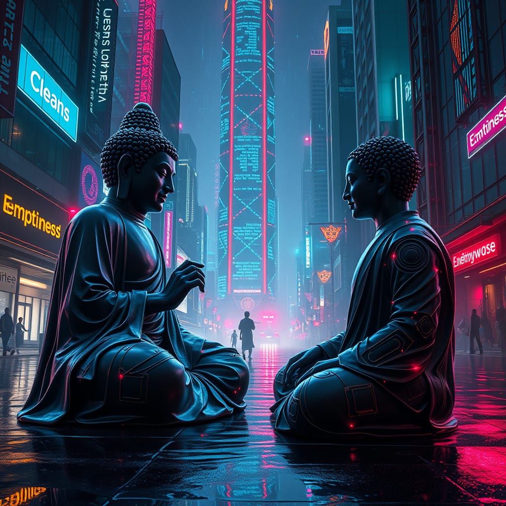 Futuristic Buddha Discovers Diamond Sutra in Neon-Covered Me...