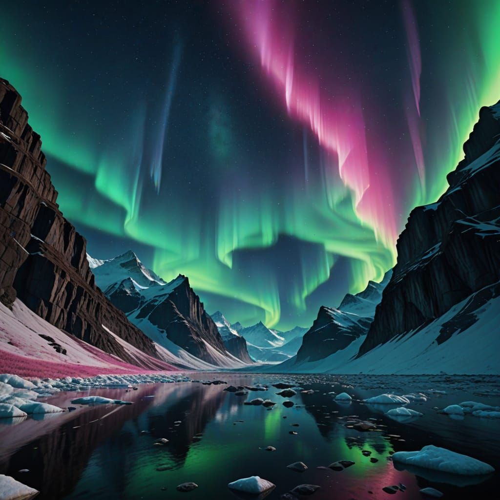 Northern Lights floating above a Glacier that is covered with Ash. detailed matte painting, deep color, ...  by @caprandom