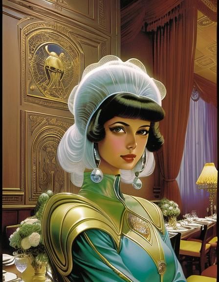 Two aliens on a date in a fancy restaurant.