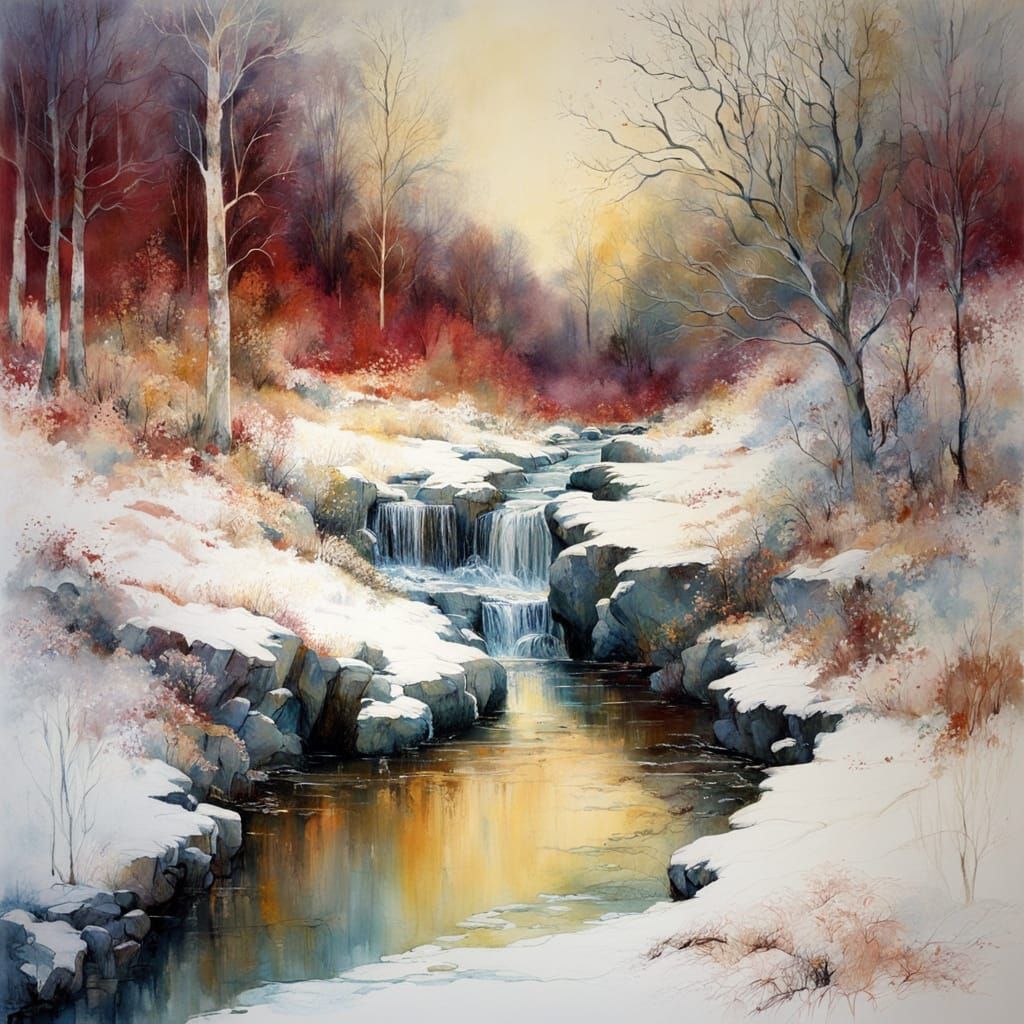 winter landscape ,waterfall ,stream with reflections  by @Mapont