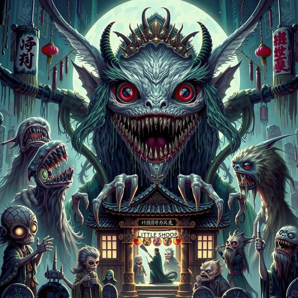 Audrey II & Lo Pan Fusion in Neon 80s Cityscape as This image blends Audrey II and Lo Pan in a vibrant, neon-lit 1980s city. Features intric...