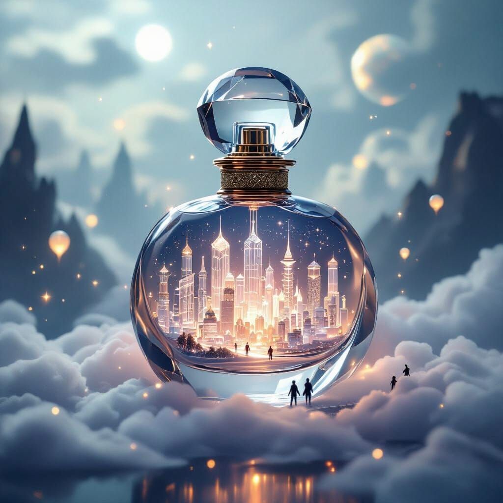 Magical City Inside Perfume Bottle in Futuristic Style