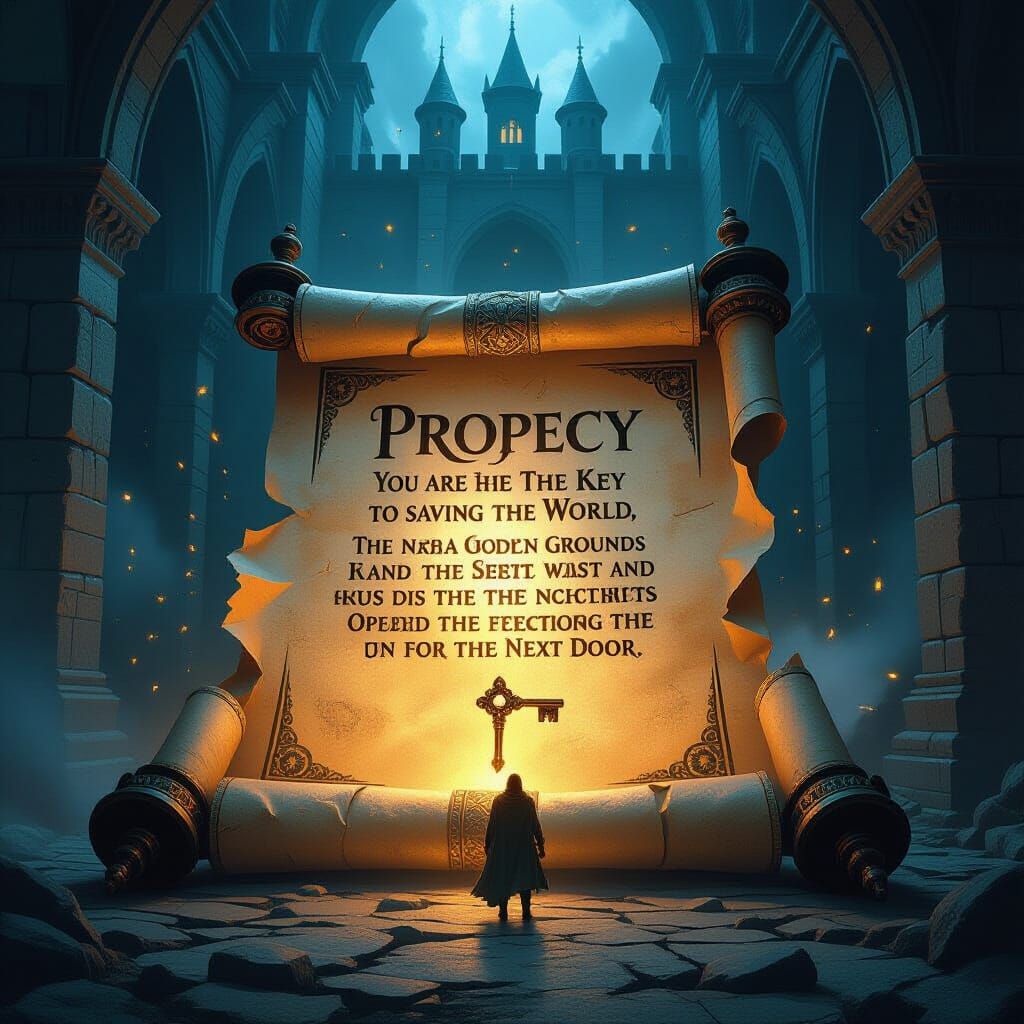 Ancient Prophecy Scroll Unfurls in Dramatic Castle Setting