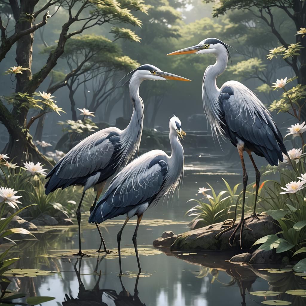 2 herons By artist "anime", 3d anime art, inspired by WLOP, ...