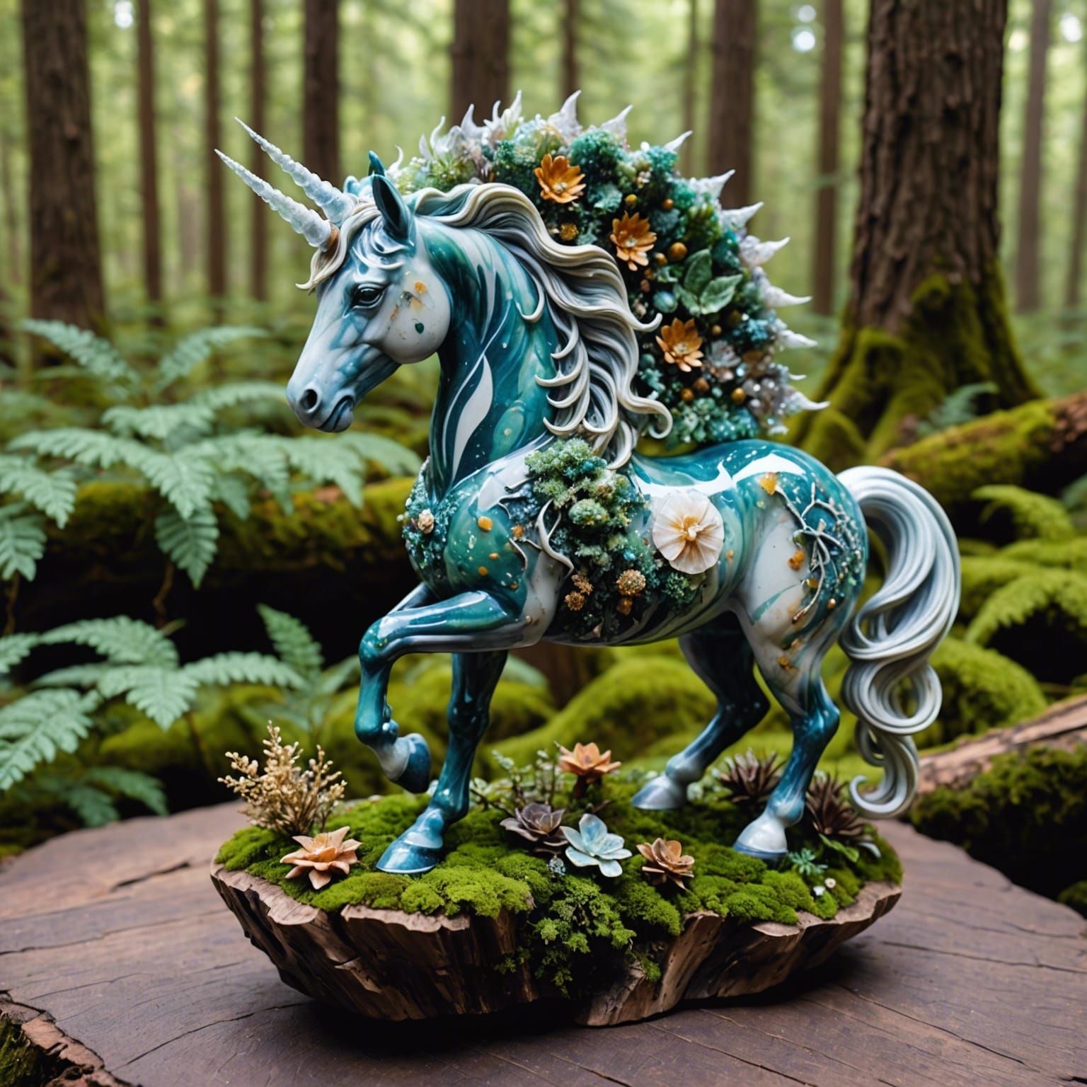 Ocean jasper  crystal unicorn in a forest a masterpiece, eth...