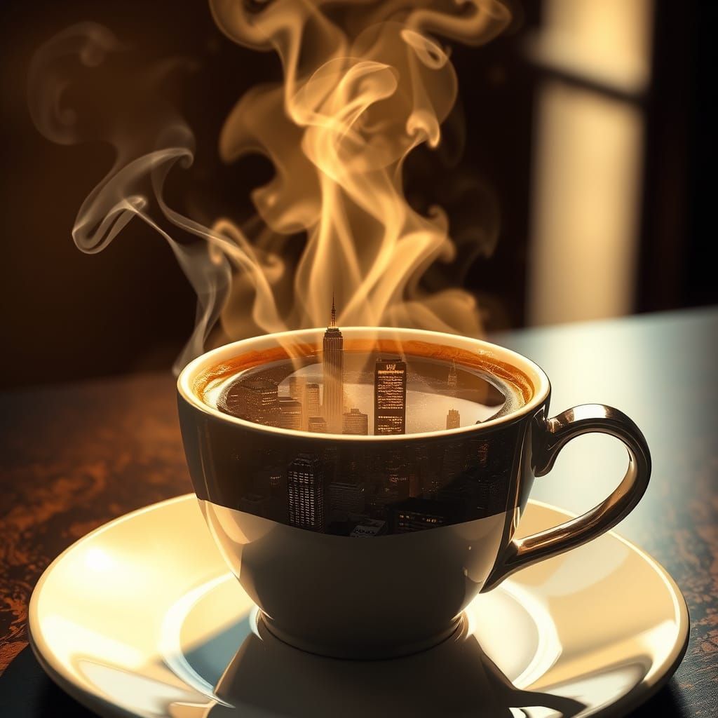 City Reflected in Coffee Steam