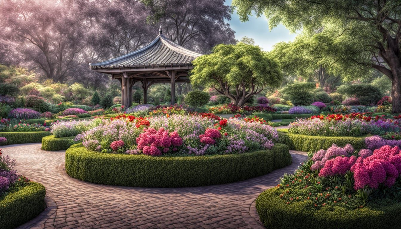 A garden park with trees and flowers. intricate details, HDR, beautifully shot, hyperrealistic, sharp focus, 64 megapixels, perfect composit...