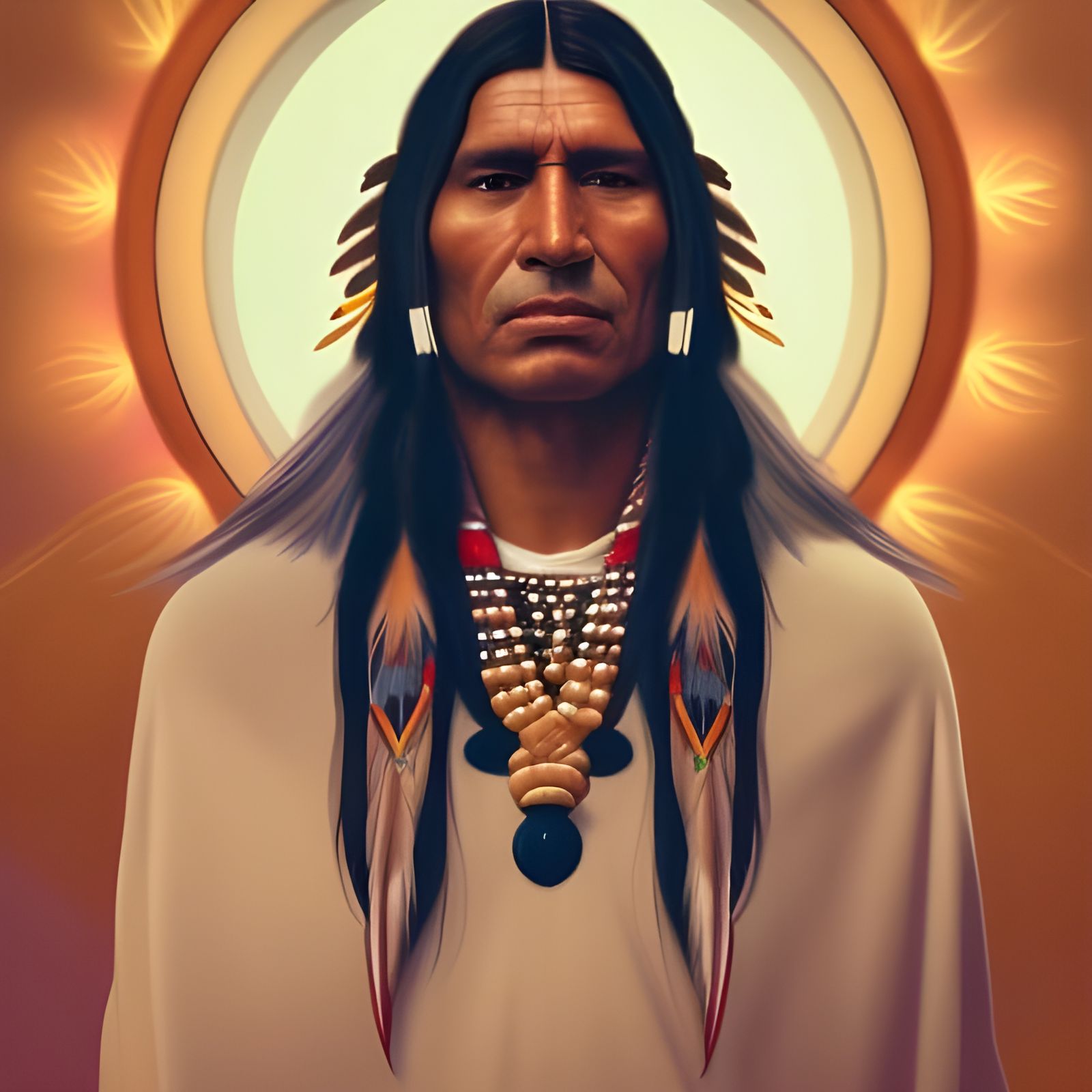 handsome man, long hair, Native American Indian, chief, feathers, perfume,  nature, wisdom, shaman - AI Generated Artwork - NightCafe Creator