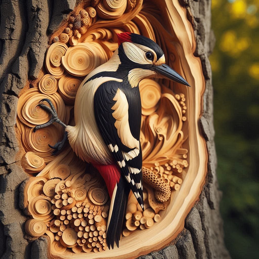 Naturalistic sculpture of a great spotted woodpecker