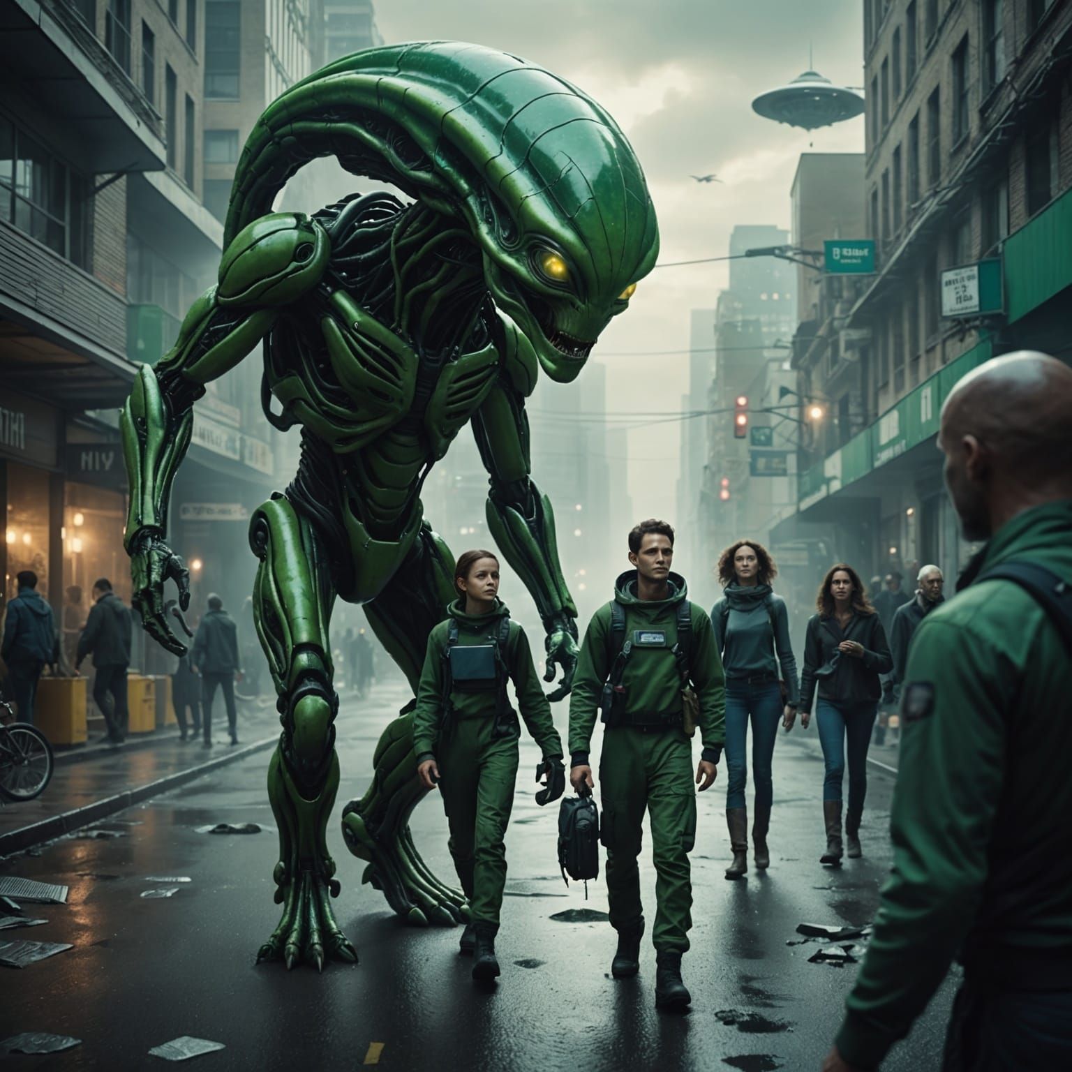 Humans and aliens interacting in everyday scenes with an otherworldly twist. Cinematic. Wide view. Depict aliens as green beings. 