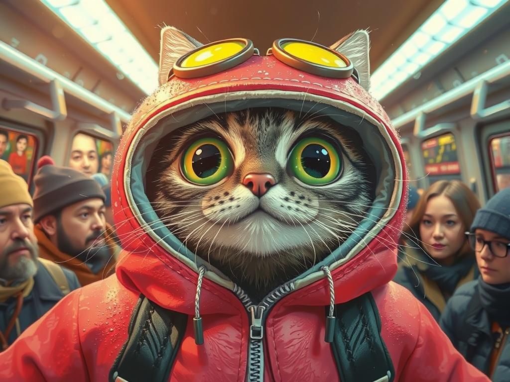 Close up of a Cute cat on a crowded train wearing winter clo...