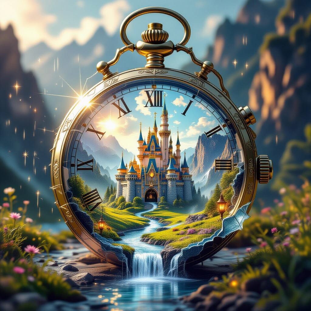 "Hyper-realistic 3D double exposure: A transparent glass pocket watch with a cracked surface, revealing ...  by @Yossi Cohen