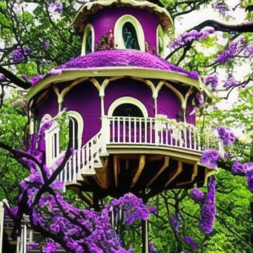 Legendary dreamy gothic purple treehouse with purple blossoms in the