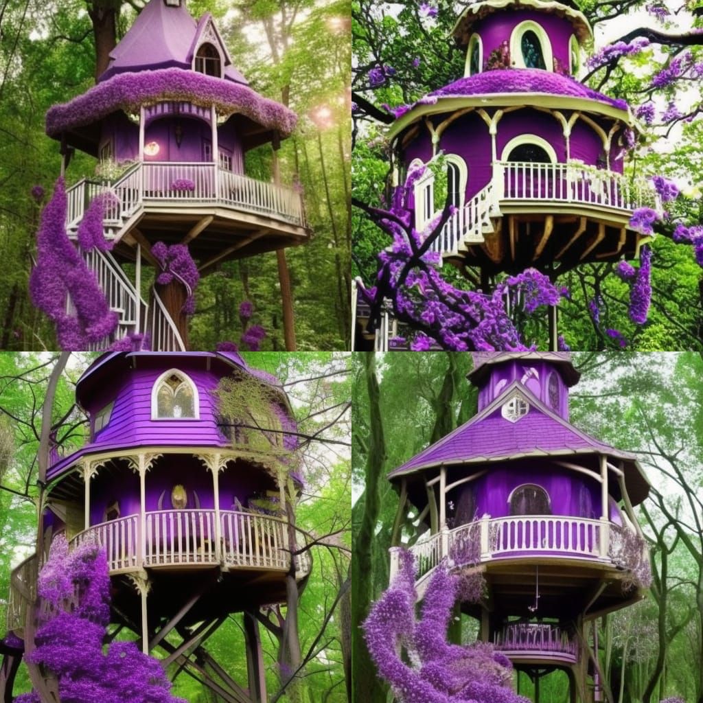 Legendary dreamy gothic purple treehouse with purple blossoms in the