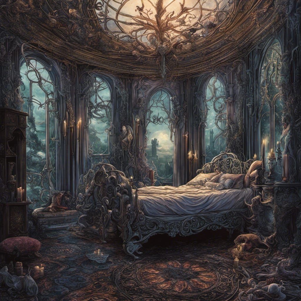 Lovecraftian Eldritch high gothic Tim Burton sandman nightmares bed window cosmos candles insanely detailed ...  by @Faith