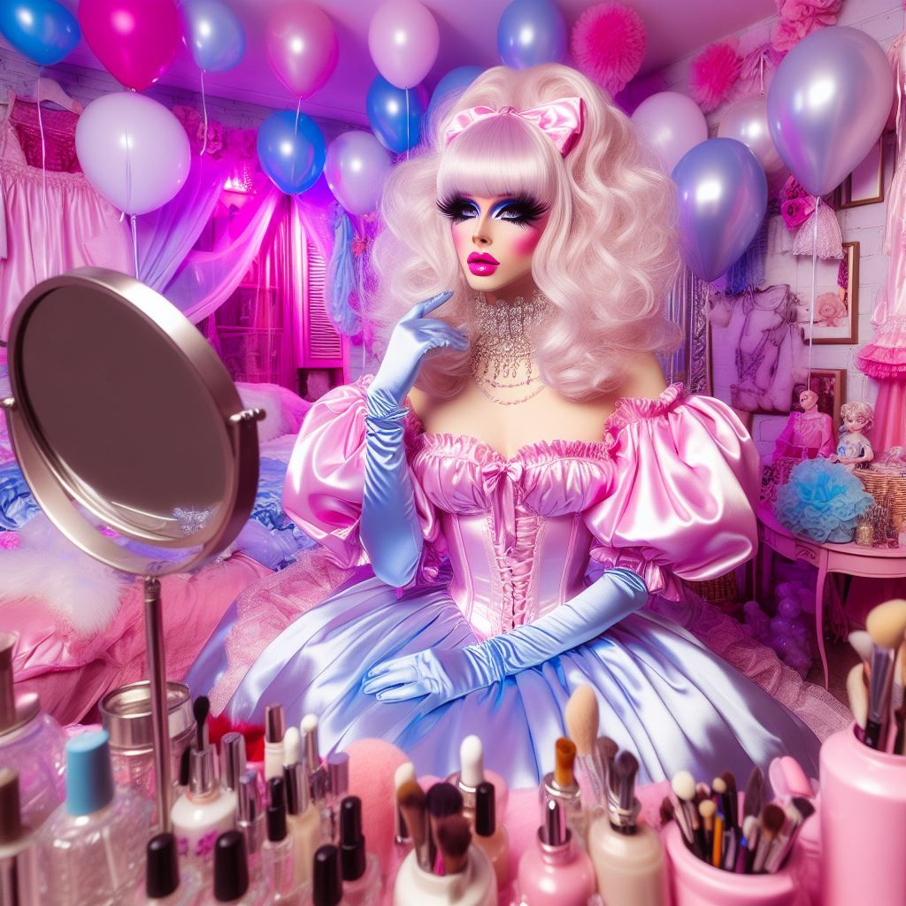 Satin Wonderland of Sissy Dresses and Wigs and Gloves and Makeup Mirrors. Poofy Extravagant Ultra Femme