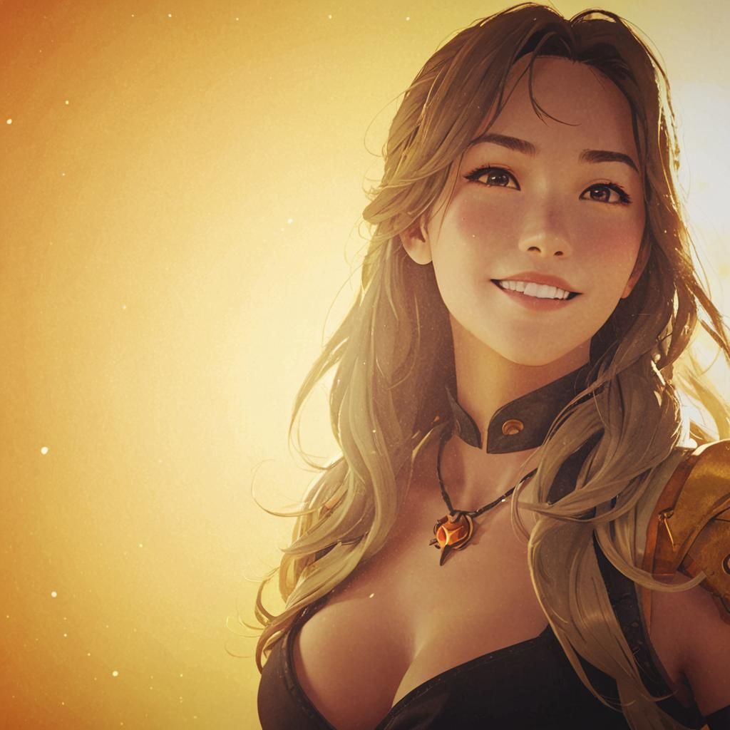 yang xiao long from rwby, smiling, in the costume and art st...