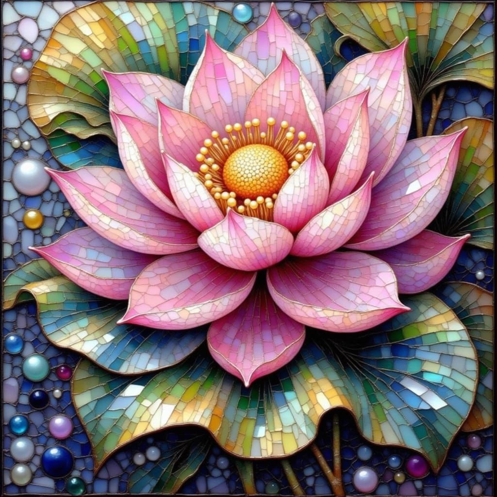 Delicate Stained Glass Lotus in Whimsical Mosaic Style