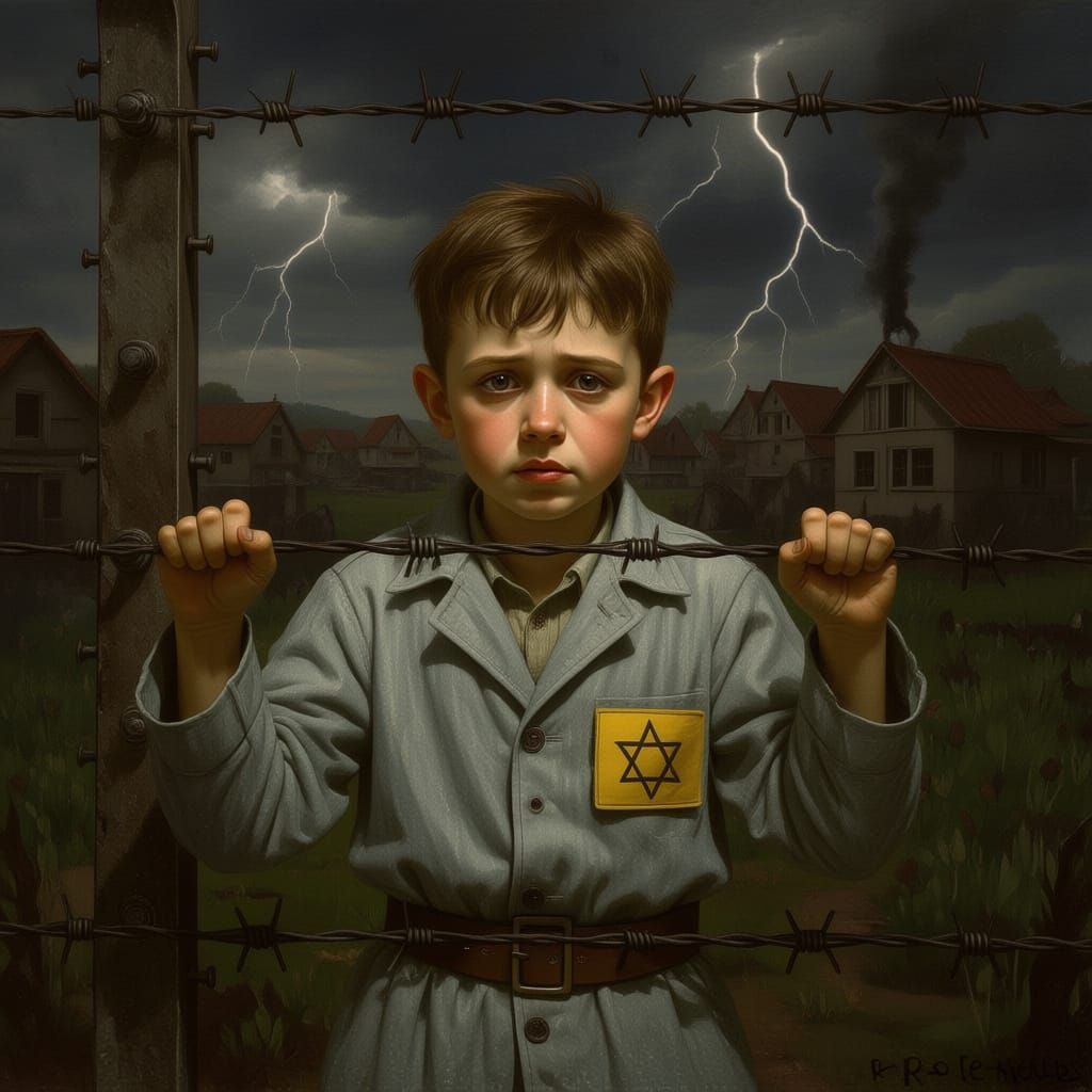 A little boy with tears streaming from his eyes, dressed in a prisoner's uniform, behind a barbed wire fence, looking beyond the fence where...