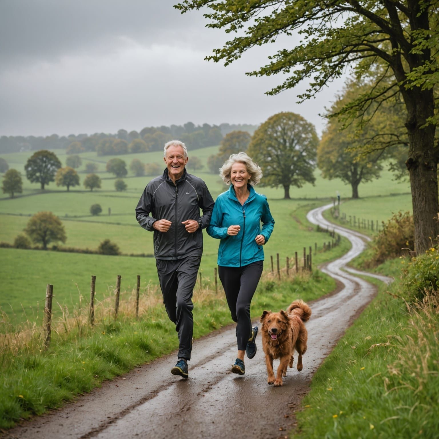 A couple in their sixties are jogging in the countryside in the rain and a light wind. Happy and smiling. Their dog follows them at the same...