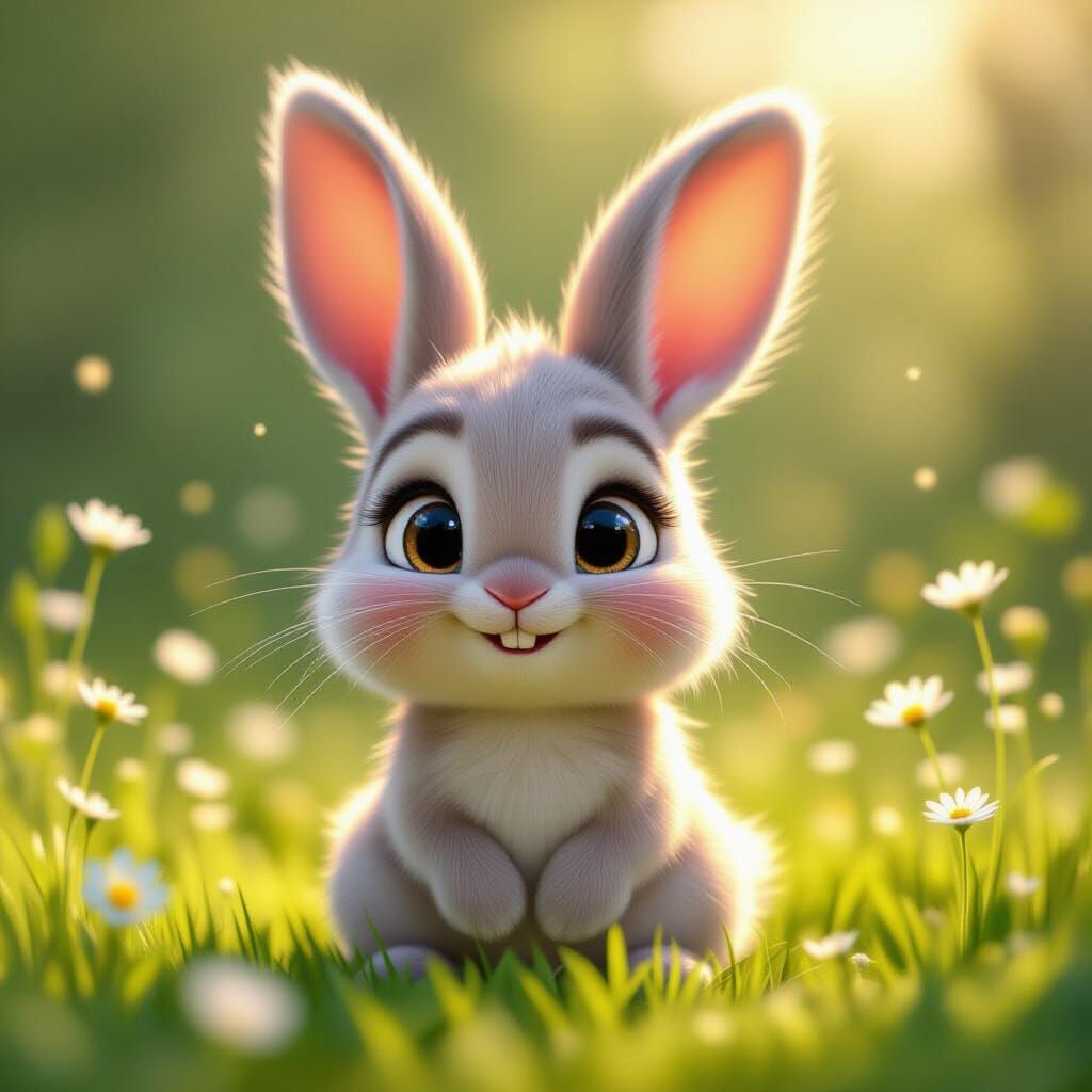 Adorable Baby Rabbit in Meadow, Pixar Style