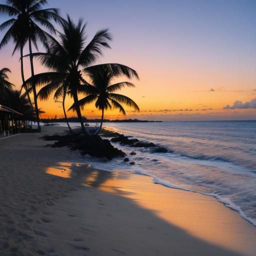 A beautiful wide-angle shot of a tropical beach at sunset. P...