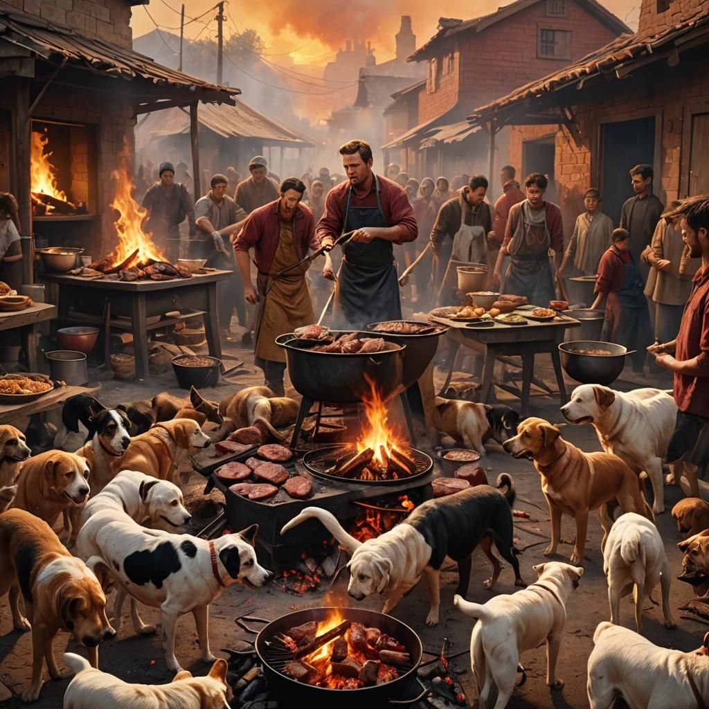 Man Grilling Meat for Hungry Dogs: Ashcan Art