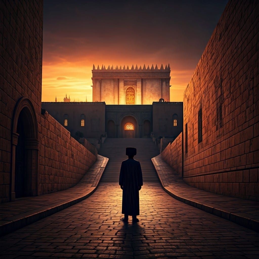 Jewish Man in Traditional Attire Gazing at Royal Temple in J...