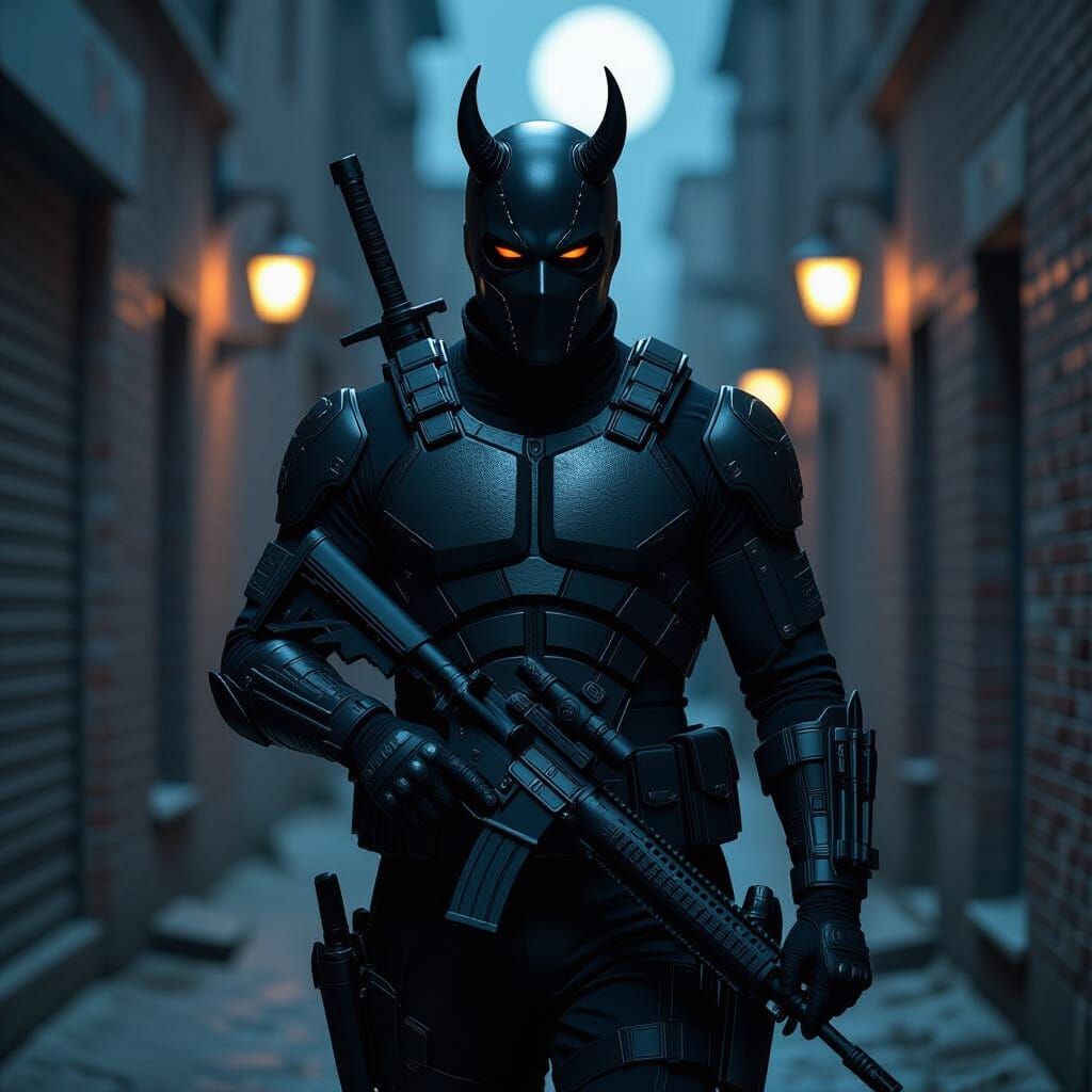 A thin man in a black featureless mask with small devil horns and black carbon fiber armor. A holstered handgun on each hip, two shot swords...