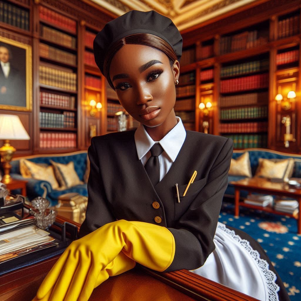 A female Nigerian butler in the library of a posh Egyptian mansion, wearing yellow rubber household gloves and clothing ...