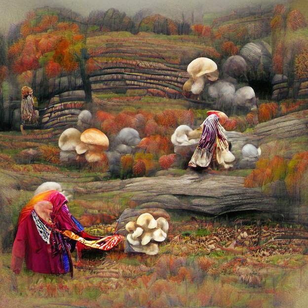 An old healer woman dressed with colorful rags is picking mu...