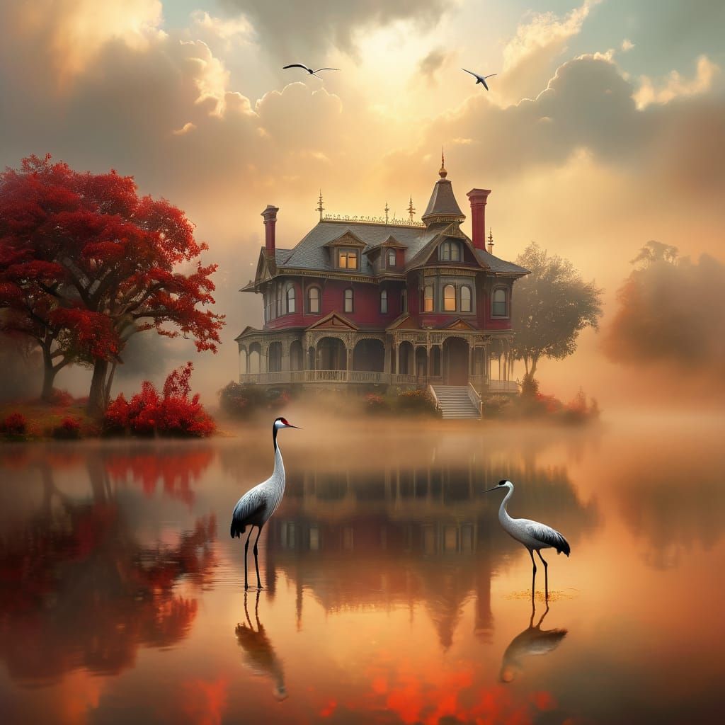 Elegant cranes birds stand gracefully on the lake