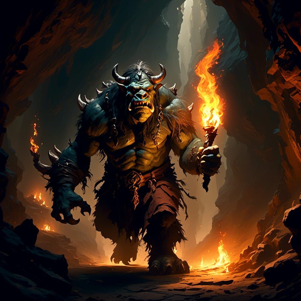 <lora:DnD:1.0> high definition dnd monster ogre, walking through a narrow cavern holding a burning torch aloft, chiaroscuro, deep shadows, c...